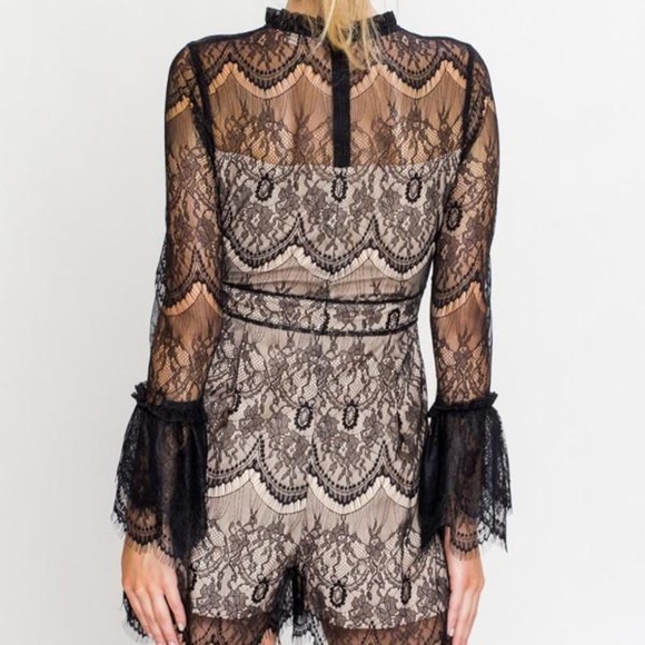 Fancy Black Lace Romper w/ Bell Sleeves - Picture 3 of 5
